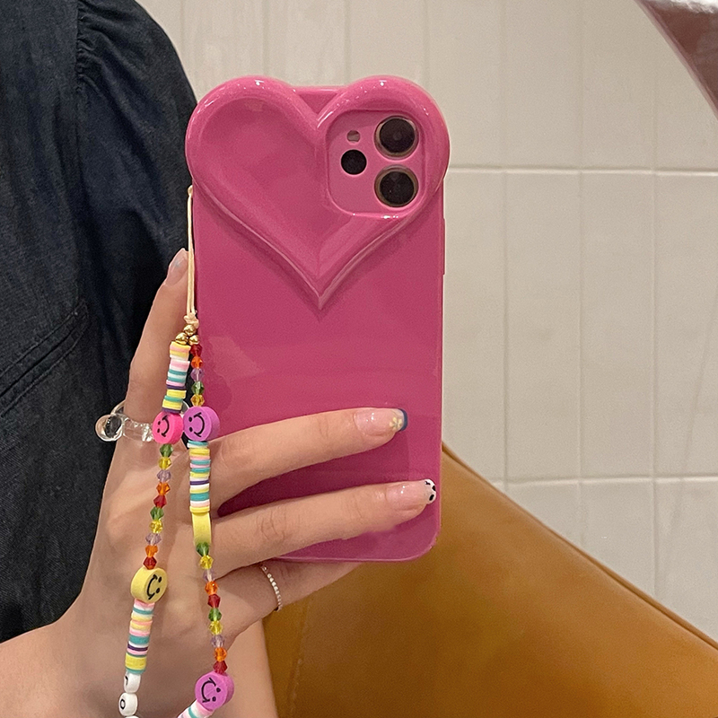 

INS Cute Love Heart Smiley Round Beads Phone with Chain Cases For iPhone 11 12 13 Pro XS Max X XR 7 8 Plus SE2020 Soft Back Cover, Rose red