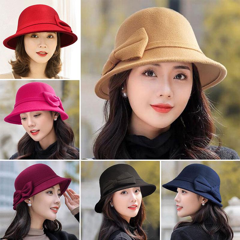 

Berets Autumn Winter Fedoras Women Hat Elegant Vintage Bowknot Wool Ladies Dome Felt Wedding Jazz Cap Bowler HatBerets BeretsBerets, 02