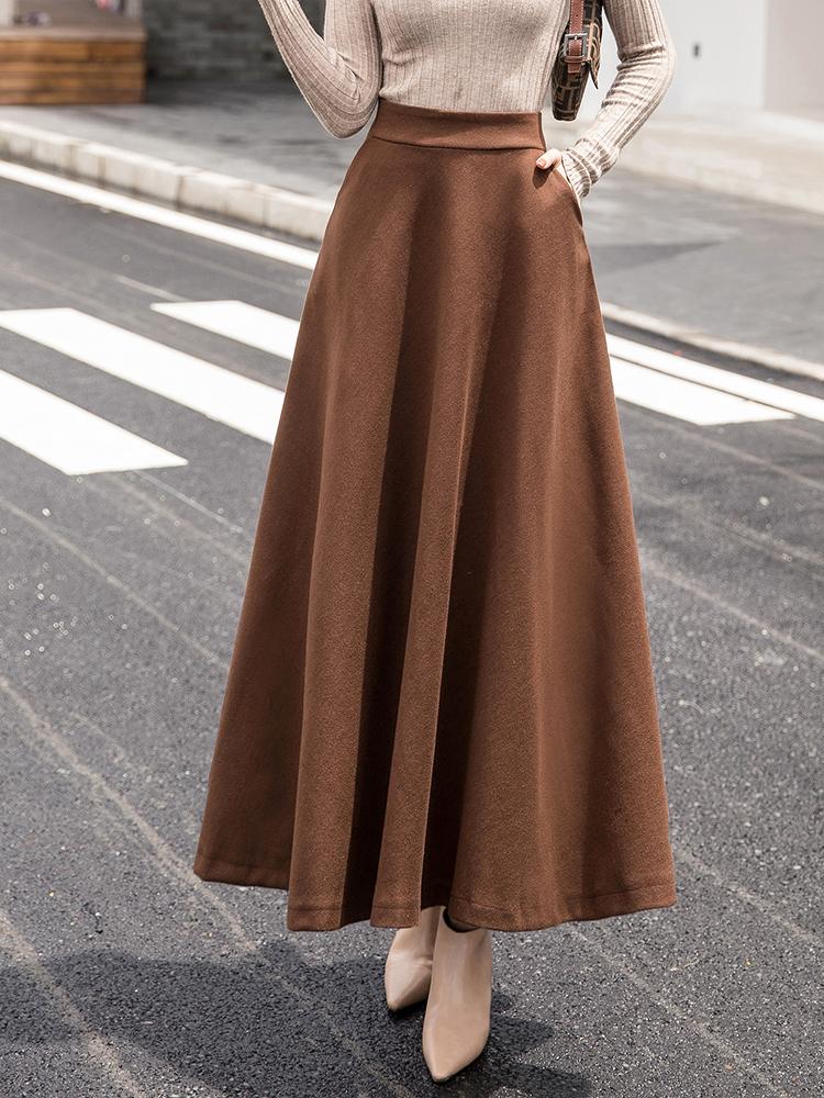 

Skirts Autumn Winter Solid Elegant Vintage Long For Women High Waist A-Line Elastic Wasit Woolen Blended Skirt Black KhakiSkirts