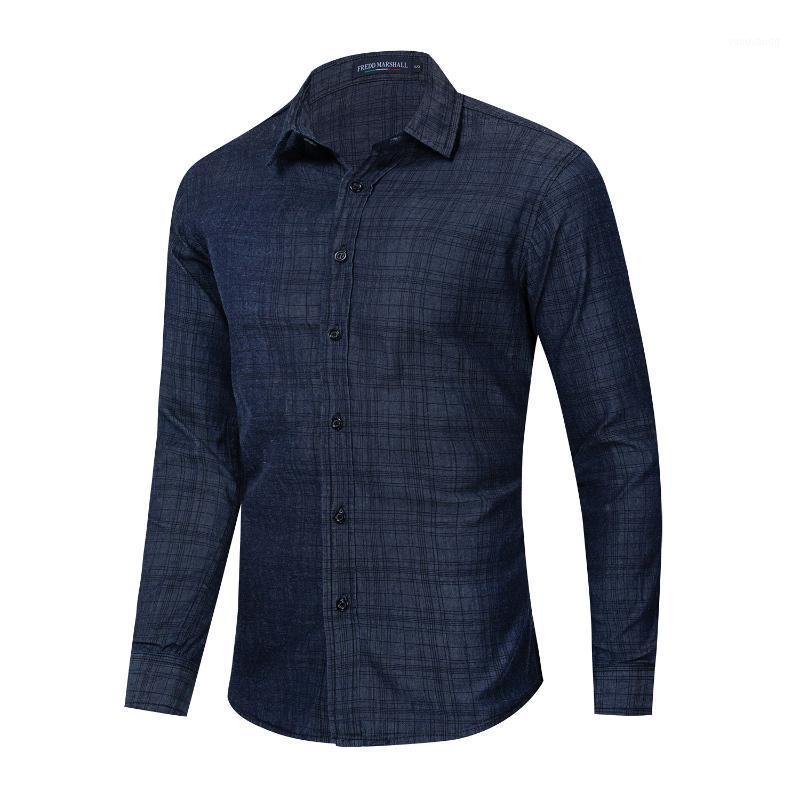 

The Spring And Autumn Period European Yards Grid Stripe Cotton Long Sleeve Shirt Lapel Cardigan Tuxedo Shirts Men's Casual, Dark blue