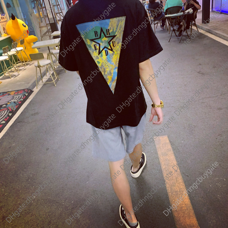 

t Shirt Designer Ins Tide Brand Rhude Inverted Triangle Printing Short Sleeve Fashion High Street Wash Old Loose T-shirt for Lovers t Shirt, Black