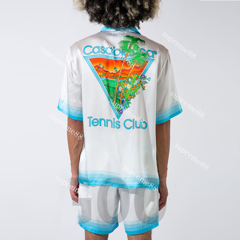 

Casablanca 23ss Designer Button Up Shirts White Blue Cactus Tennis Court Male and Female Hawaiian Short Sleeve Shirt Casablanc, White and blue shorts