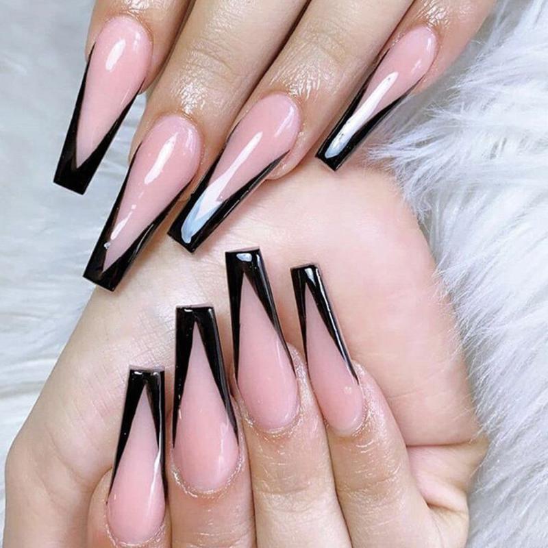 

False Nails 24Pcs Black Nude Pink French Long Ballerina Coffin Full Cover Nail Tips Detachable Press On PatchesFalse, 01