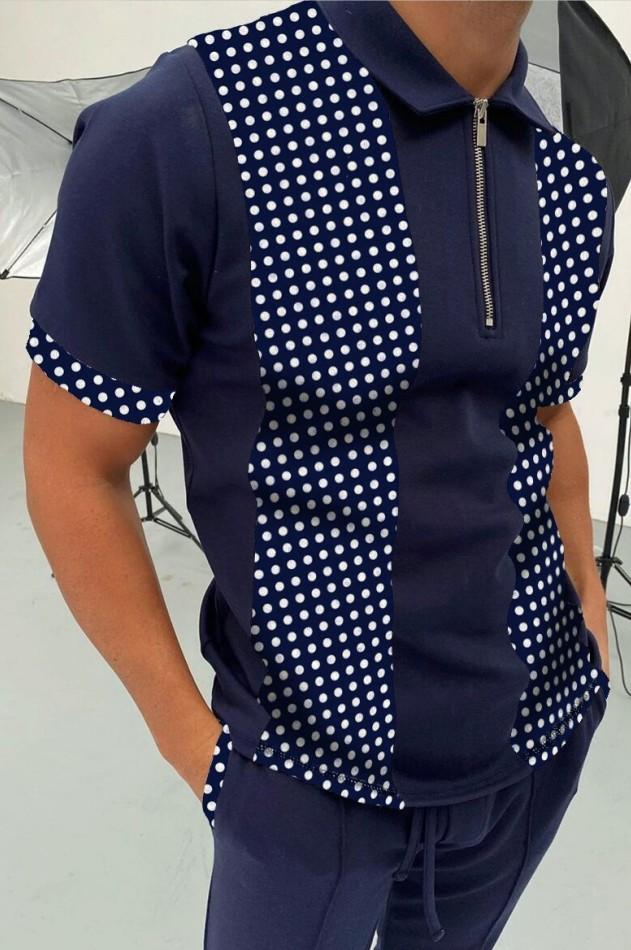 

Men's Polos European And American Spring Summer Zipper Printed Paisley Dot Color Short-sleeved Shirt, Pls-16