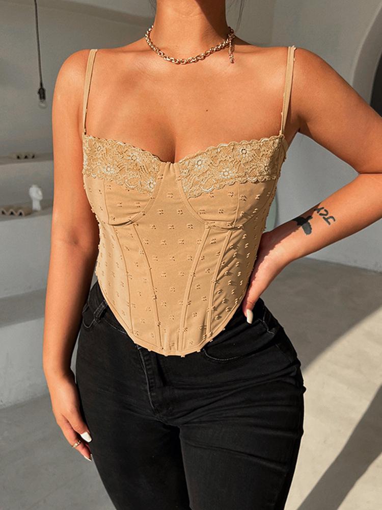 

Women' Tanks & Camis Sexy Backless Hollow Bandage Bustier Tie Up Lace Trim Corset Summer Women V Neck Tank Club Crop Top StreetwearWomen, Khaki