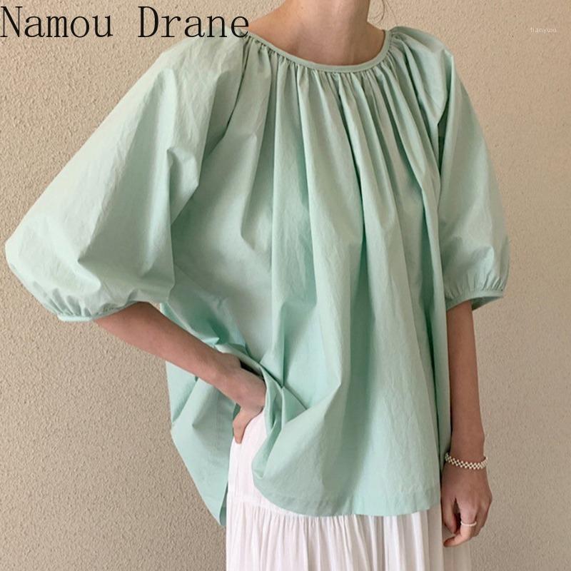 

Women's Blouses & Shirts 2022 Solid Pleated O-neck Blusas Korean Both Side Wear Womens Tops And Bow Tie Sweet Casual Shirt, Blue