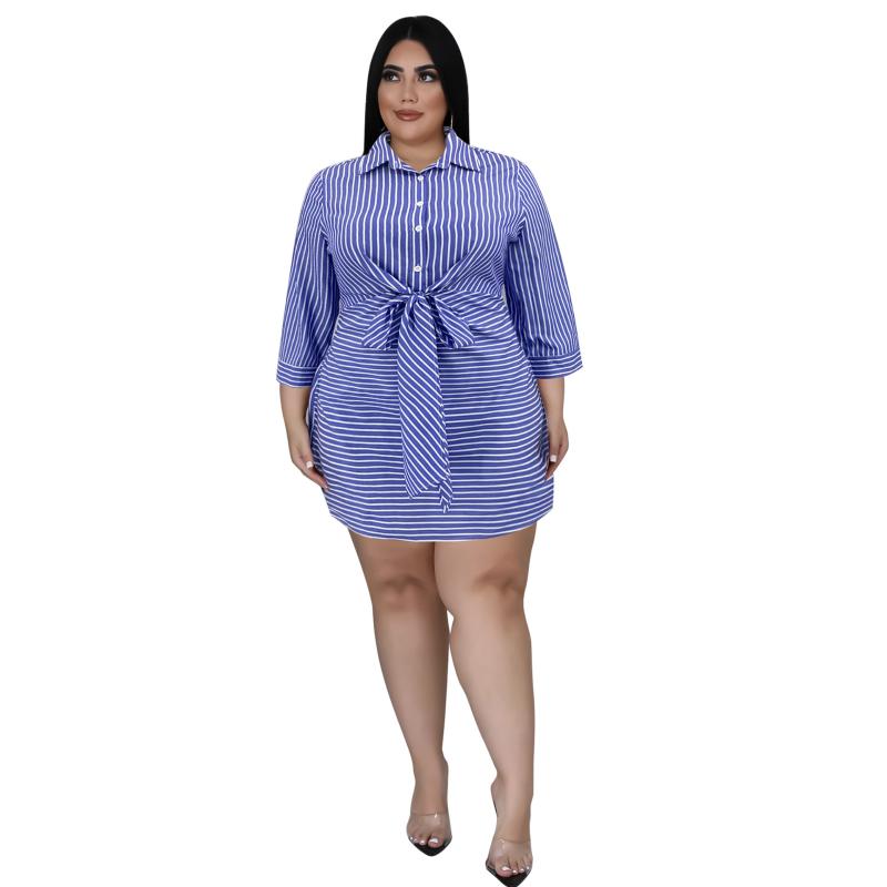 

Plus Size Dresses Striped Shirt Printed Women Long Sleeve Elegant Work Office Button Casual Blouse Dress Vestidos Femme Sundress SizePlus, Blue