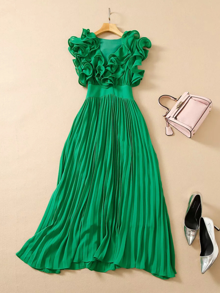

Runway Designer Luxury Ruffles Pleated Chiffon Dresses Long Maxi Summer Woman Vestidos Elegant Bohemian Holiday Robe Femme, Red