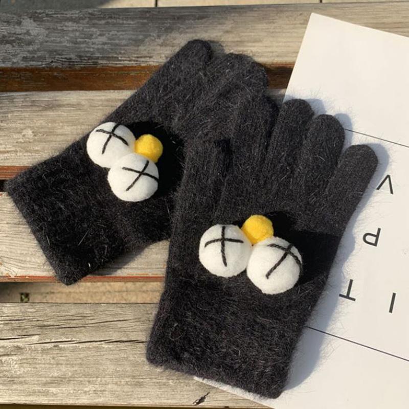 

Five Fingers Gloves Korean Solid Color Cute Cartoon Eye Full Finger Thick Fur Warm Driving Woman's Winter Cycling Wool Knit Mitten H8