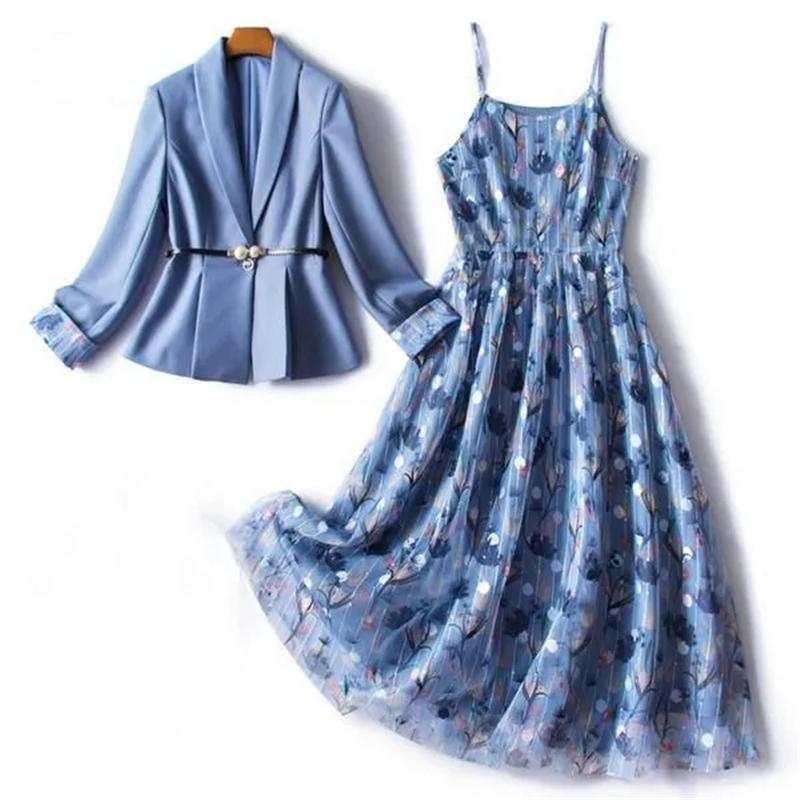 

Work Dresses Women Blazer With Belt + Print Mesh Spaghetti Strap Dress 2 Piece Set 2022 Spring Korean Fashion Ladies Sleeveless Suits, Blue