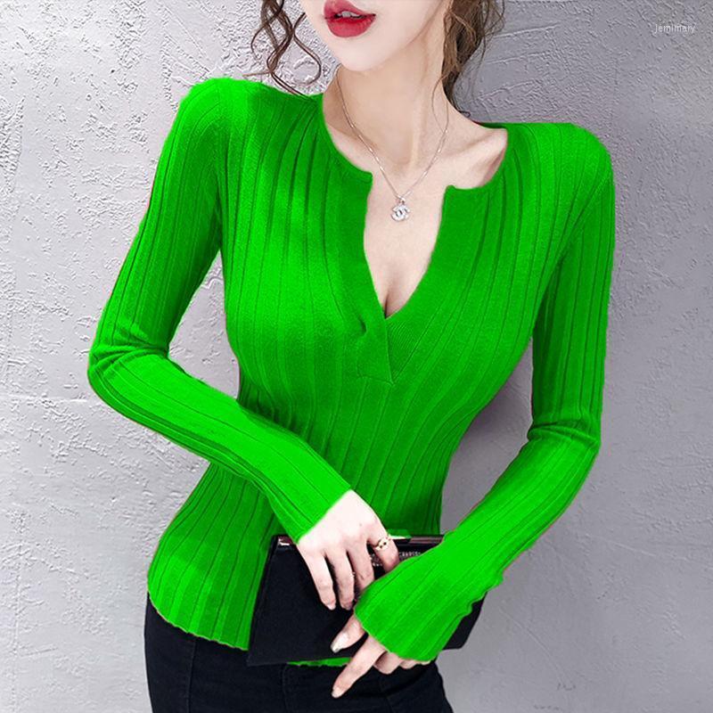 

Women's Sweaters Green Bright Sexy Office Lady Vest Pullover Low V Collar Sweater Women's T-shirt Women Girl Pull Slim Top Cloth ShirtWo
