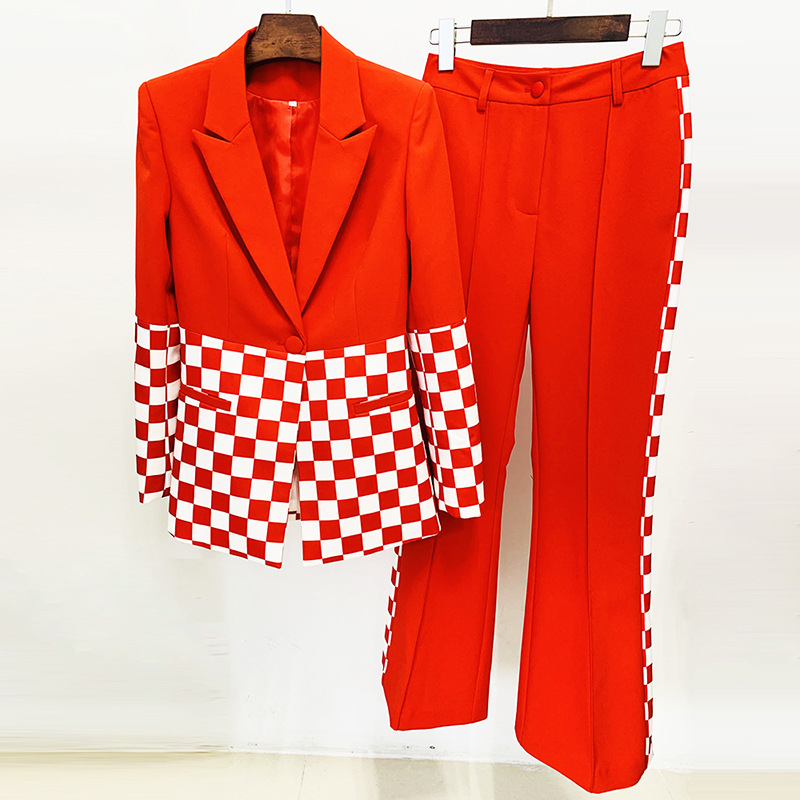 

Spring high quality suits red stitching plaid blazer and flare pants