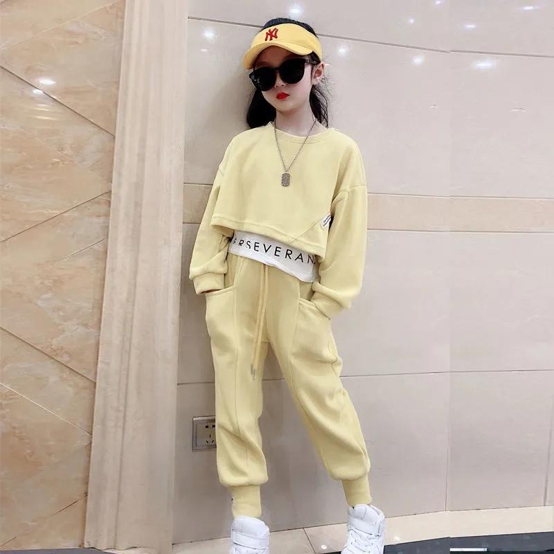 Clothing Sets 2022 Teenager Gray Girls Sport Suit Spring Clothes Long Sleeve Top Hoodied &amp; Pants Casual 6 7 8 9 10 11 12 Years Child-image-767024538