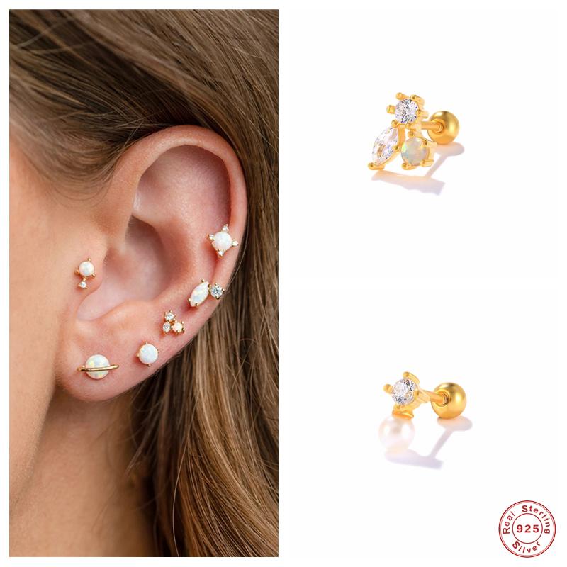 

Stud Aide 925 Sterling Silver Colored Opal Stone White Zircon Earrings For Women 18K Gold Plated Oval Crystal Pearl Ear StudsStud