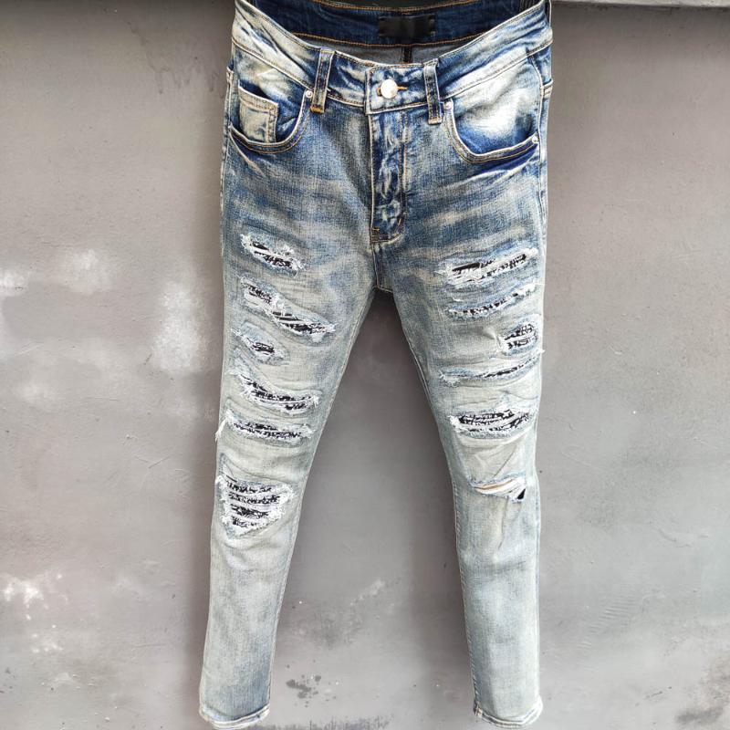 

Men's Jeans Patchwork Punk Hip Hop Pants Streetwear Cashew Flower Pattern Men 2022 Elastic Slim Fit Destroyed Ripped MenMen's, Blue