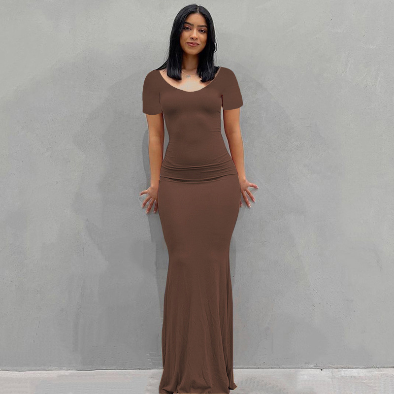 Womens 2022 Kardashian Skims European Beauty Solid Color Dress Casual Slim Cotton Polyester Round Neck Short-sleeved Dress