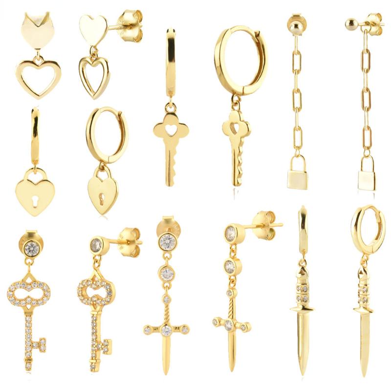 

Hoop & Huggie Sterling Silver Fashion Chic Unique Women's Gold Heart Key Cross Chain Drop EarringsHoop