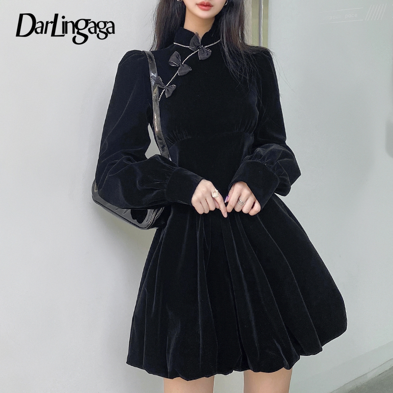 

Darlingaga Vintage Elegant Gothic Dark Bow Velour Black Dress Autumn Winter Chinese Style Pleated Dresses Party Diamonds Clothes