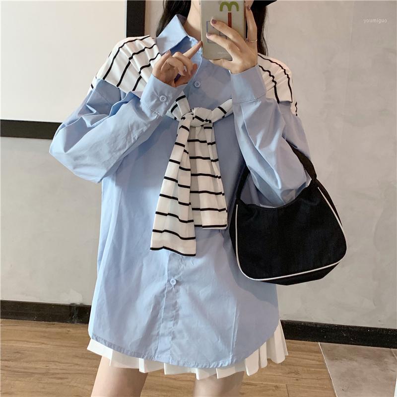 

Streetwear Women Striped Shirts Blouse Fashion Long-sleeved Female Tops Harajuku Blouses Casual Fake Two-piece Women's &, Blue