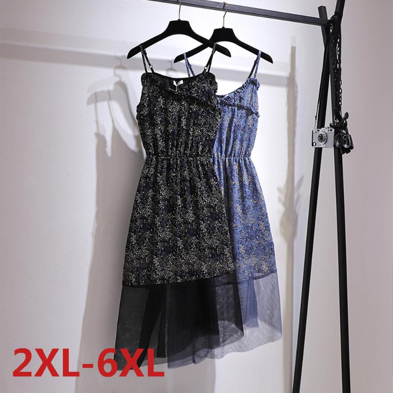 

Plus Size Dresses Big Dress Women Summer Large Sleeveless Print Long Fat MM Chiffon Clothing, A0376-black