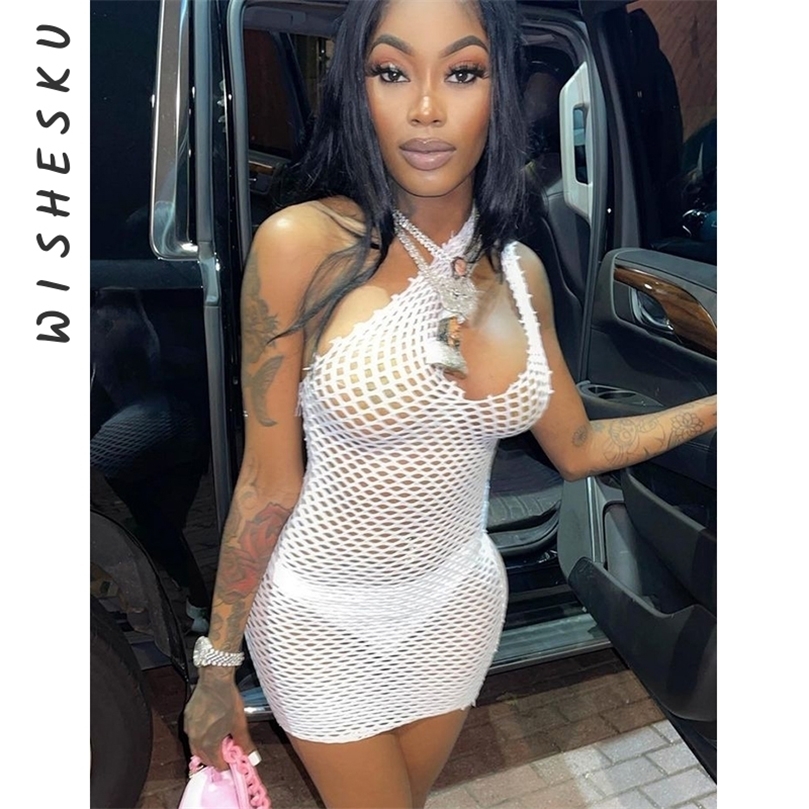 

Grid Inclined Shoulder Mini Dress Women Sexy Fishnet See Through Sleeveless Backless Female Clubwear Apparel No Panties 220507, White