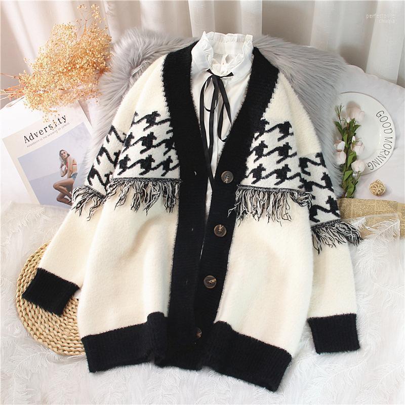 

Women's Knits & Tees 2022 Autumn Button Harajuku Women V-neck Knitted Cardigan Sweater Fashion Patchwork Houndstooth Fringe Loose Coat Perf2, Black