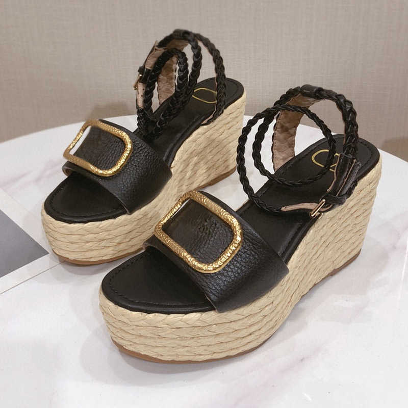 

2021 New arrival Brand Designer style female sandals cowhide Genuine Leather Luxury designer wedge Women shoes black Brown size, V buckle black
