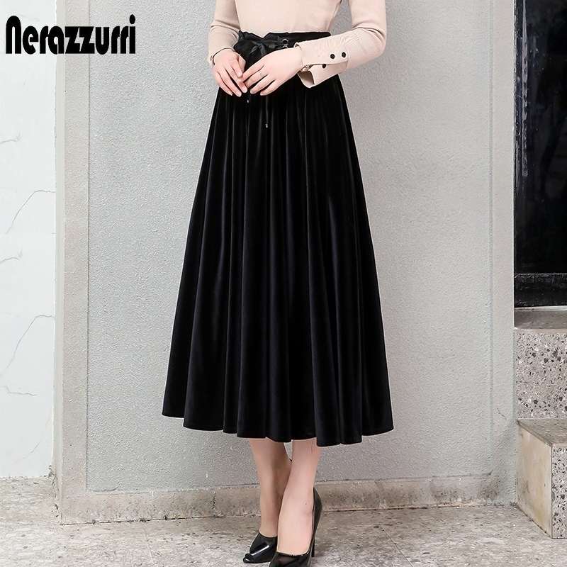 

Nerazzurri pleated velvet skirt women black green gothic style elegant long warm high waist midi skirt plus size 4xl 5xl 6xl 7xl Y200326