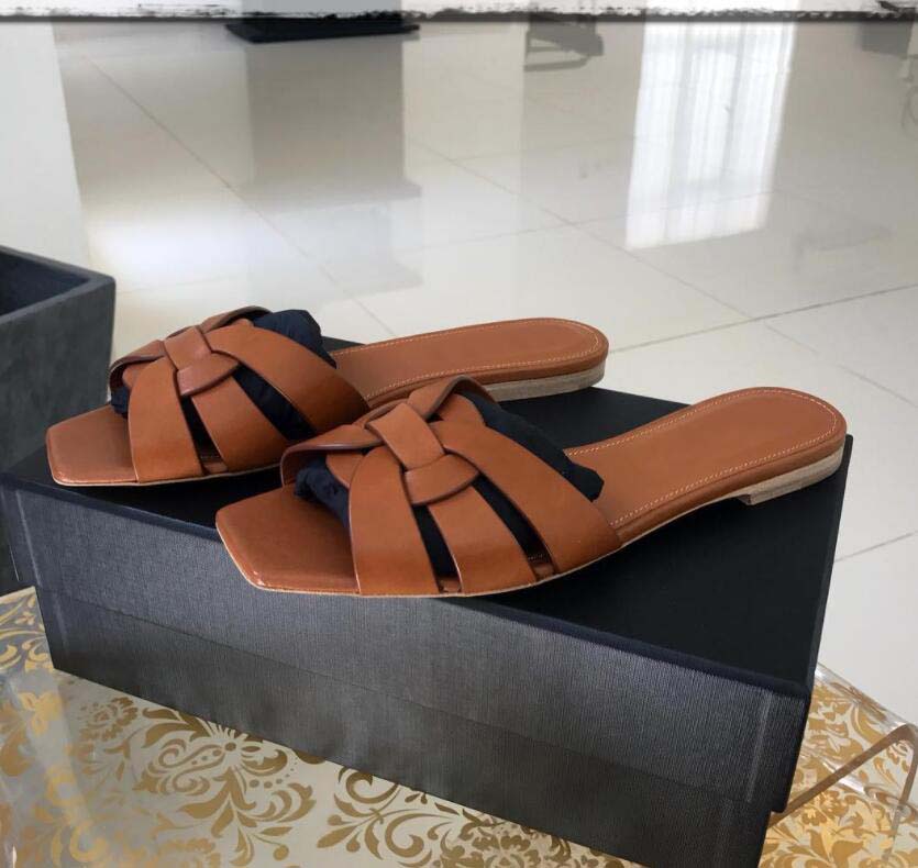 

Women sandal slipper flat slide shoes luxury designers shoe tribute luxury woman casual flats genuine leather with box 35-42, 16