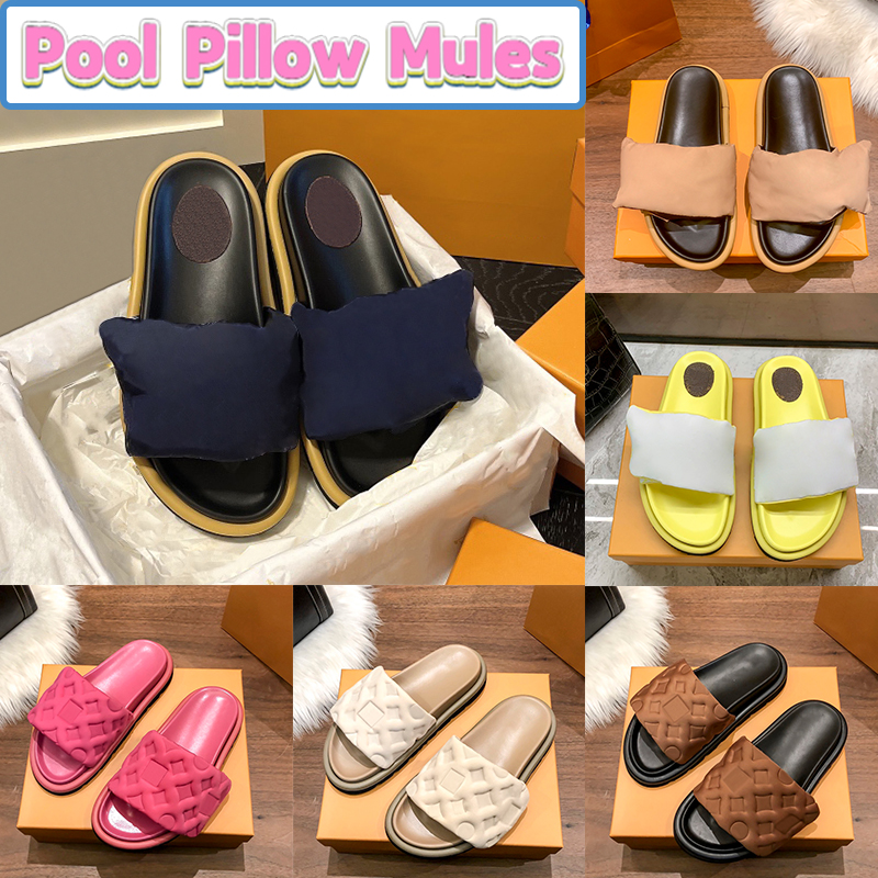 

2022 Slippers Men Women Mules Pool Pillow Comfort Flat Embossed Slides Beach Sandals Navy White Printed Beige Copper Mens Shoes Sandal, Shoe box