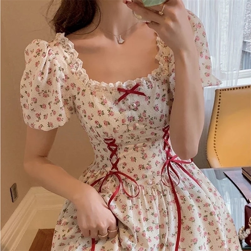 

QWEEK Floral Lace Dress Mori Girl Style Elegant Puff Sleeve Bandage Kawaii Fairy Princess Mini Short Dresses Woman 220402