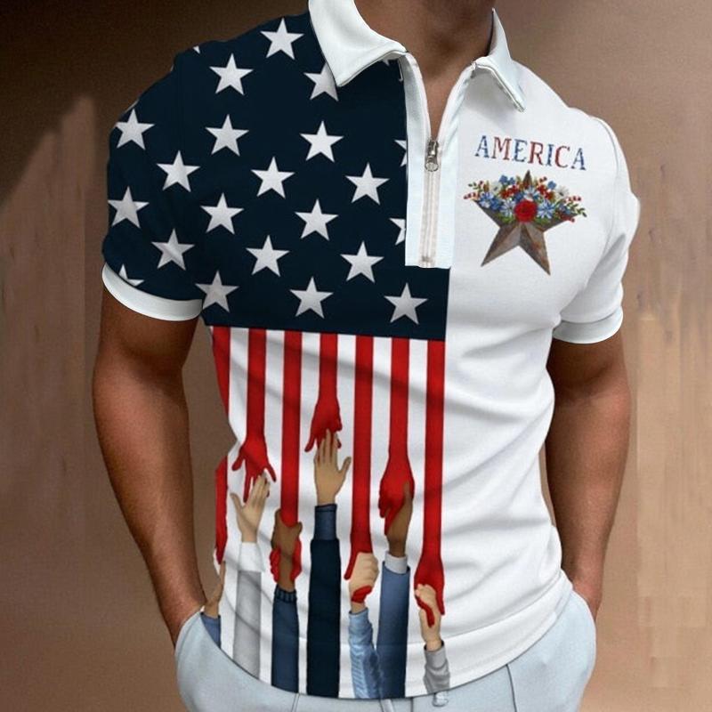 

Men's Polos Male Summer Independence Day Print T Shirt Turn Down Collar Short Sleeve Tops Loose Turtleneck Men Blue SlipperMen's, White