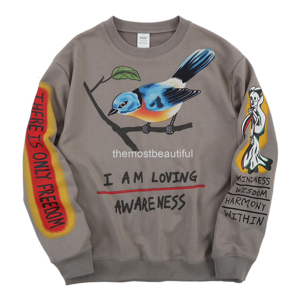 

Men' T-Shirts 19ss hip hop high street skeleton frame bird printing fashion men and women couple round neck long sleeve versatile sweater, 2# packing bag