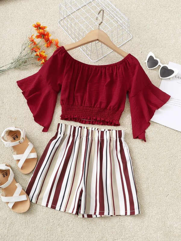

Girls Trumpet Sleeve Shirred Top & Block Striped Shorts SHE, Multicolor