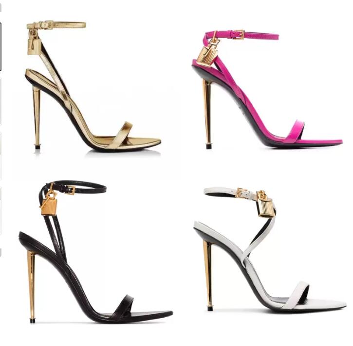 

newest TOMFORD metal padlock Narrow word band high-heeled sandals 10.5cm women's leather Luxury Designer high-heeled shoes original box transportation