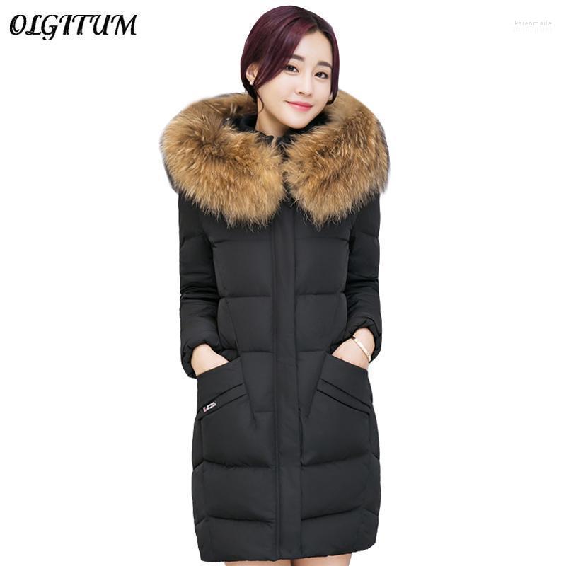 

Winter Cotton Coat 2022 Women Korean Slim Fashion Jacket Long Section Big Fur Collar Feather Padded Outwear Parka Kare22, Gray