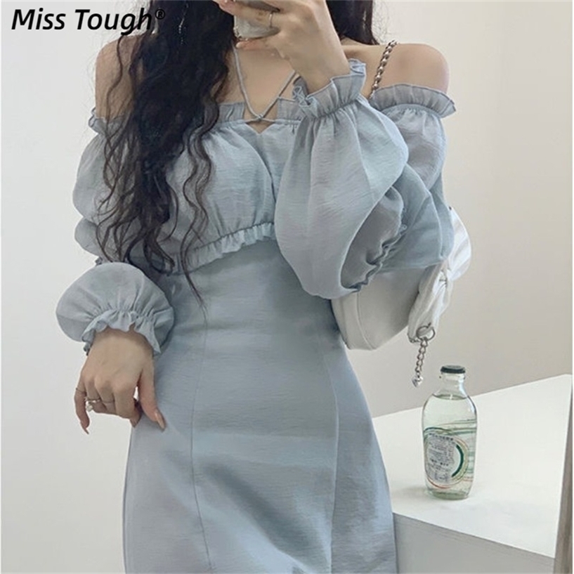 

Autumn Solid Elegant Dress Women Korean Princess High Waist Casual Sweet Female Party Long Sleeve Mini Fairy 220418, Blue