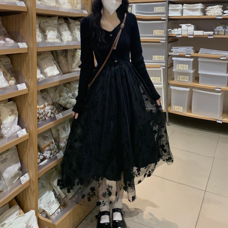 

Casual Dresses Hepburn Style Black Gauze Knitted Dress Women Autumn And Winter Slim Long-sleeved V-neck A-line