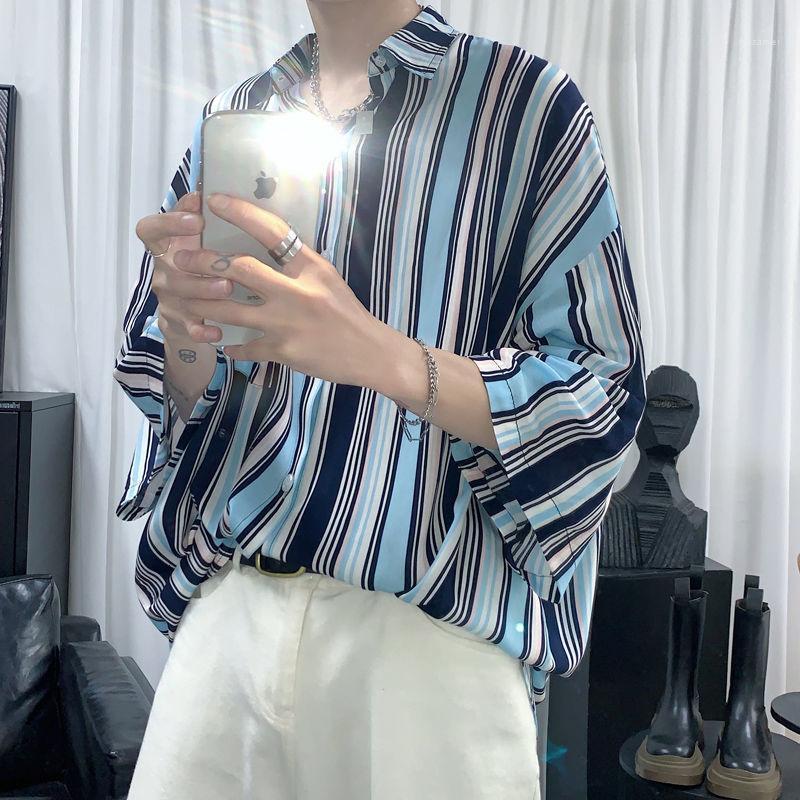 

Men's Casual Shirts 2022 Summer Short Sleeve Loose Fashion Trend Camisa Masculina Stripe Printing Clothes Lapel Collar -2XL, Brown