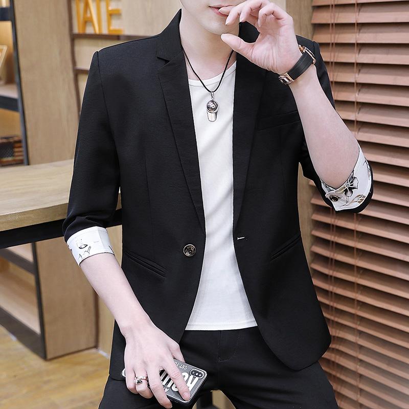 

Men's Suits & Blazers Summer Small Suit Men Korean Version Seven Points Sleeve Jacket Slim Handsome British Pure Color ThinMen's, Black