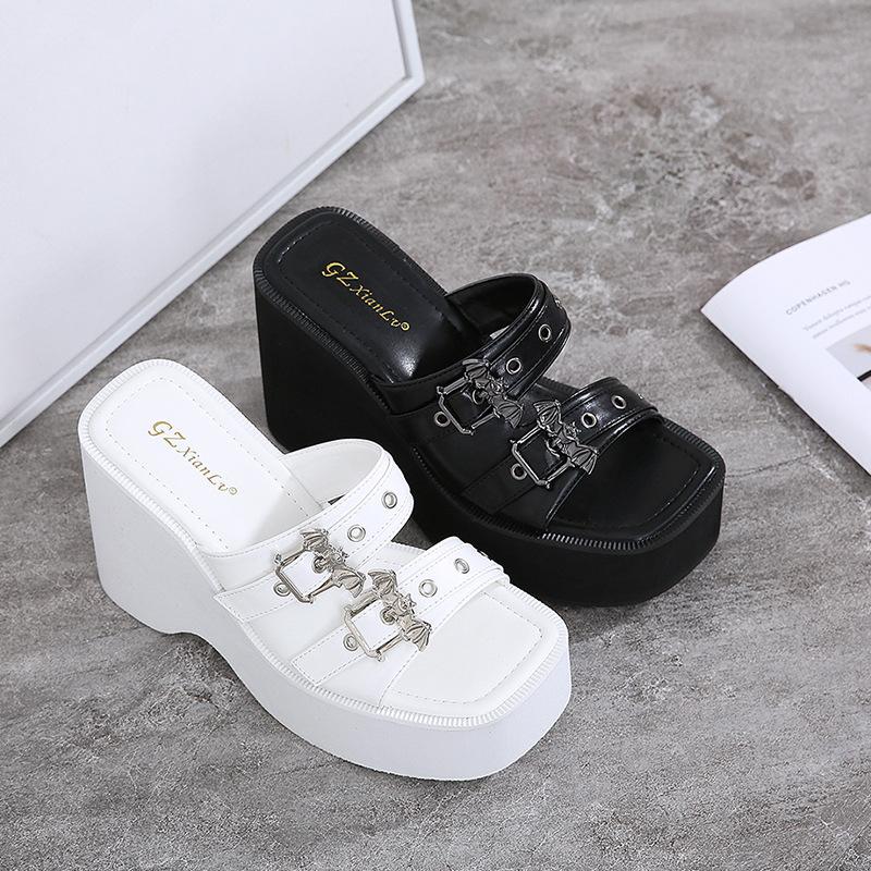 

Sandals Brand Ladies Wedges High Heels Slides Fashion Bat Buckle Platform Summer Women's Slippers Casual Party Goth Sandal Shoes WomanSa, Black