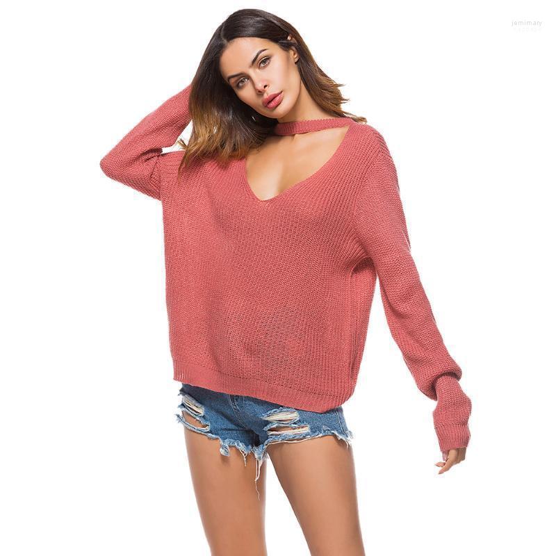 

Women's Sweaters Women Sexy Deep V-neck Sweater Pullover Knit Trendy Knitted Long Sleeve Top Casual Loose Jemi22, Black