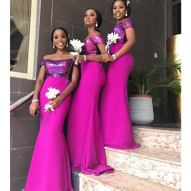 Fuchsia Black Girl Mermaid Bridesmaid Dresses Off The Shoulder Wedding Guest Dress Sequined Floor Length Plus Size Maid Of Honor Gowns-image-760106077