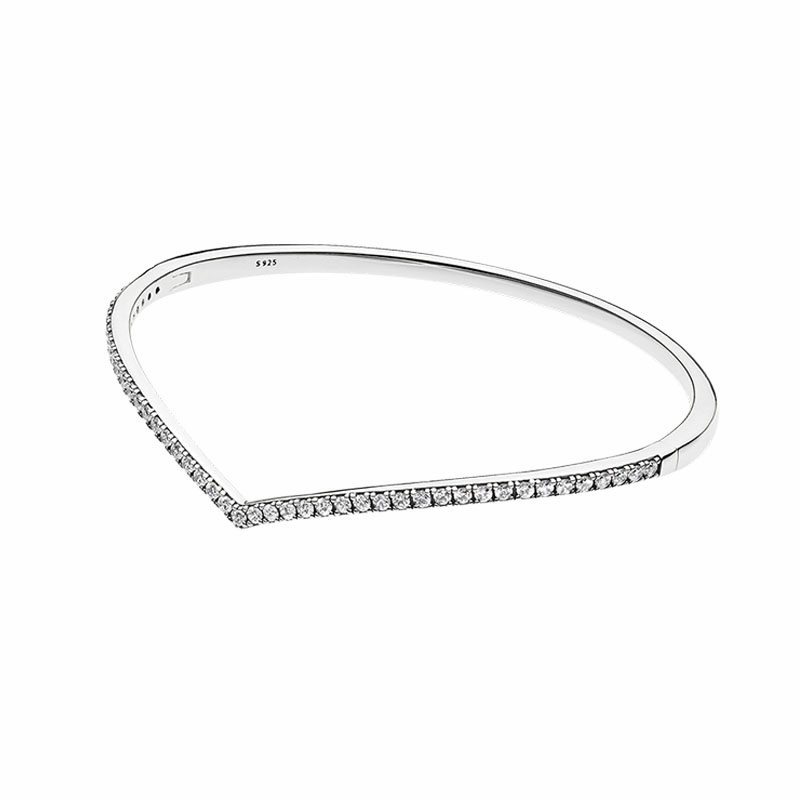 

Sparkling Wishbone Bangle Bracelet Authentic 925 Sterling Silver CZ diamond Womens Wedding Jewelry with Original box set for Pandora bracelets