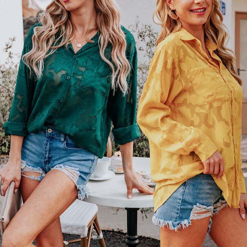 

Women's Blouses & Shirts Women Single-breasted Long Sleeve Chiffon Shirt Spring Summer Hollow Transparent Jacquard Casual Sexy Fashion Loose, Brick red