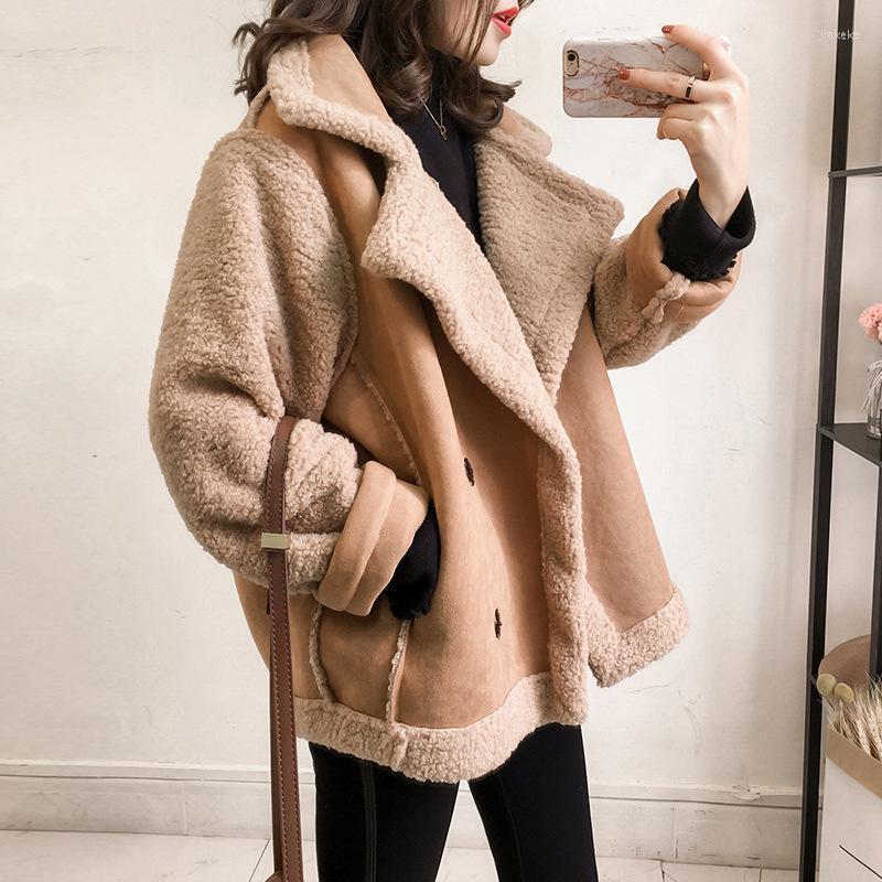 

Women' Jackets Women Winter Oversized Teddy Jacket Chic Faux Suede Fur Collar Coats Motorcycle Biker Female Lamb Wool Coat Windbreaker, Khaki