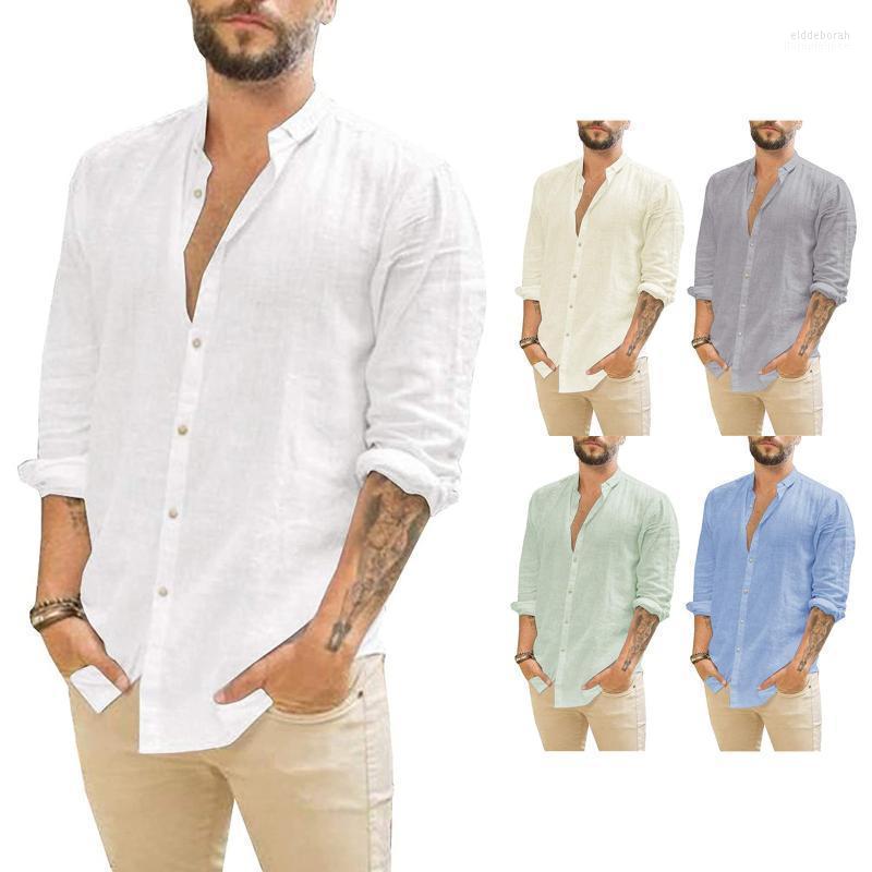 

Men's Casual Shirts Linen Long-sleeved Men Button Shirt Collarless Standing Collar Summer Top Vintage Clothes Breathable Males Eldd22, Green