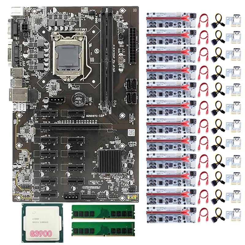 

Motherboards B250 BTC Mining Motherboard With 12 Pcs 010-X PCIE Riser Card+1 G3900 CPU+2 DDR4 RAM LGA1151 DIMM GPU