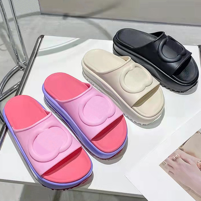 

Top quality Designer platfslide orm sandal fashion embroidered canvas thick sole slipper Brand Women sandal summer beach slides indoor home slippers with box, #24