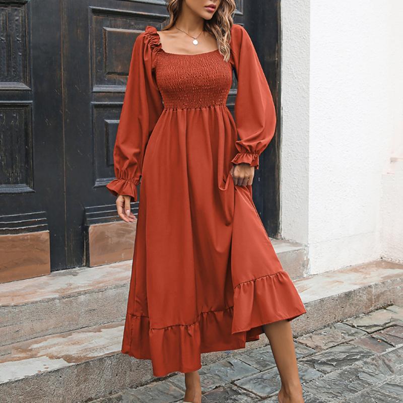 

Casual Dresses Vintage Ruffle Square Collar Women Maxi Dress Fall Elegant Solid Long Puff Sleeve High Waist Ruched A-line Female VestidosCas, Black